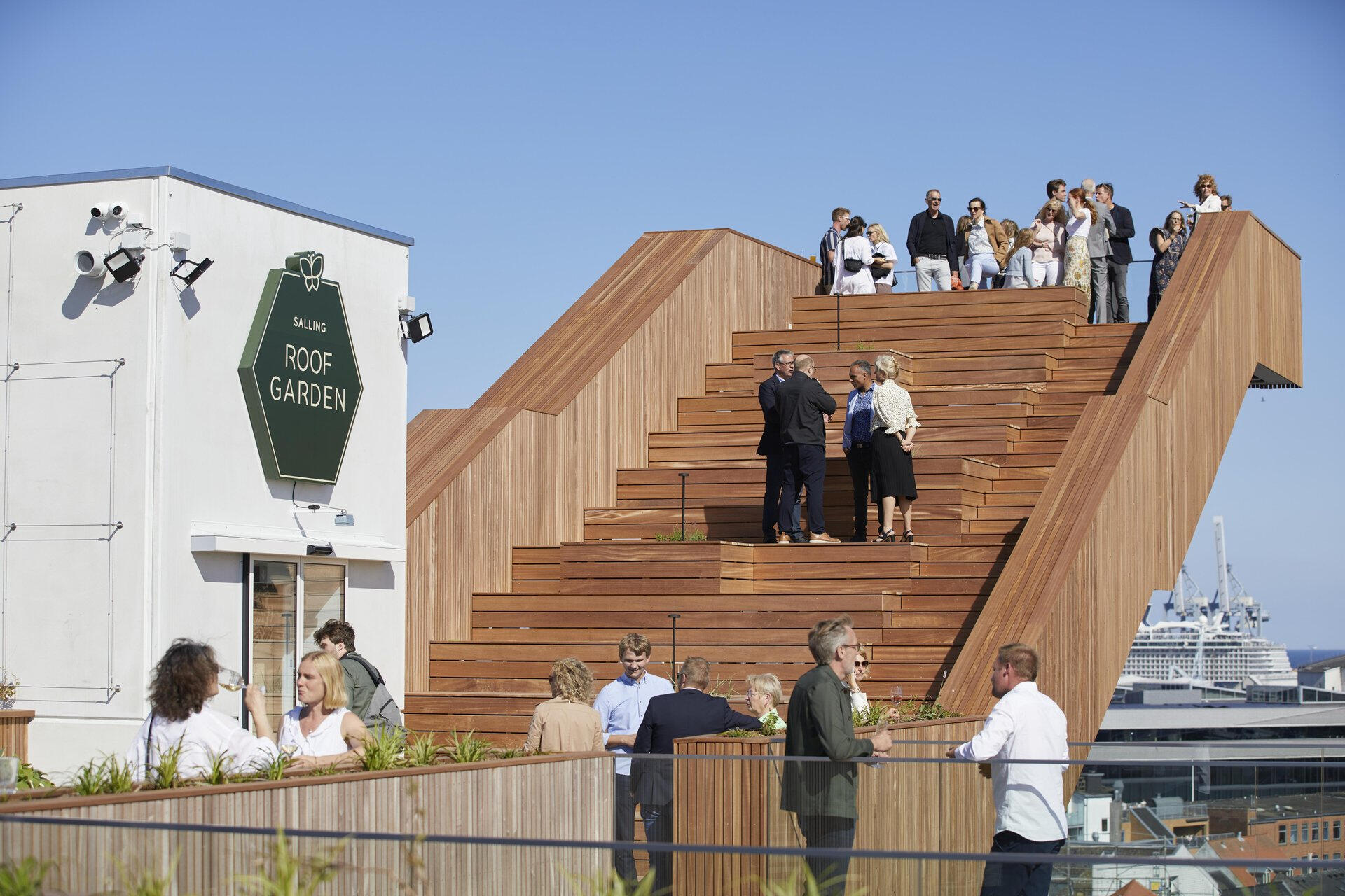 See Aarhus from above on the rooftop skywalk & terrace (Photographer: Salling) Scenic view of harbor during guided tour